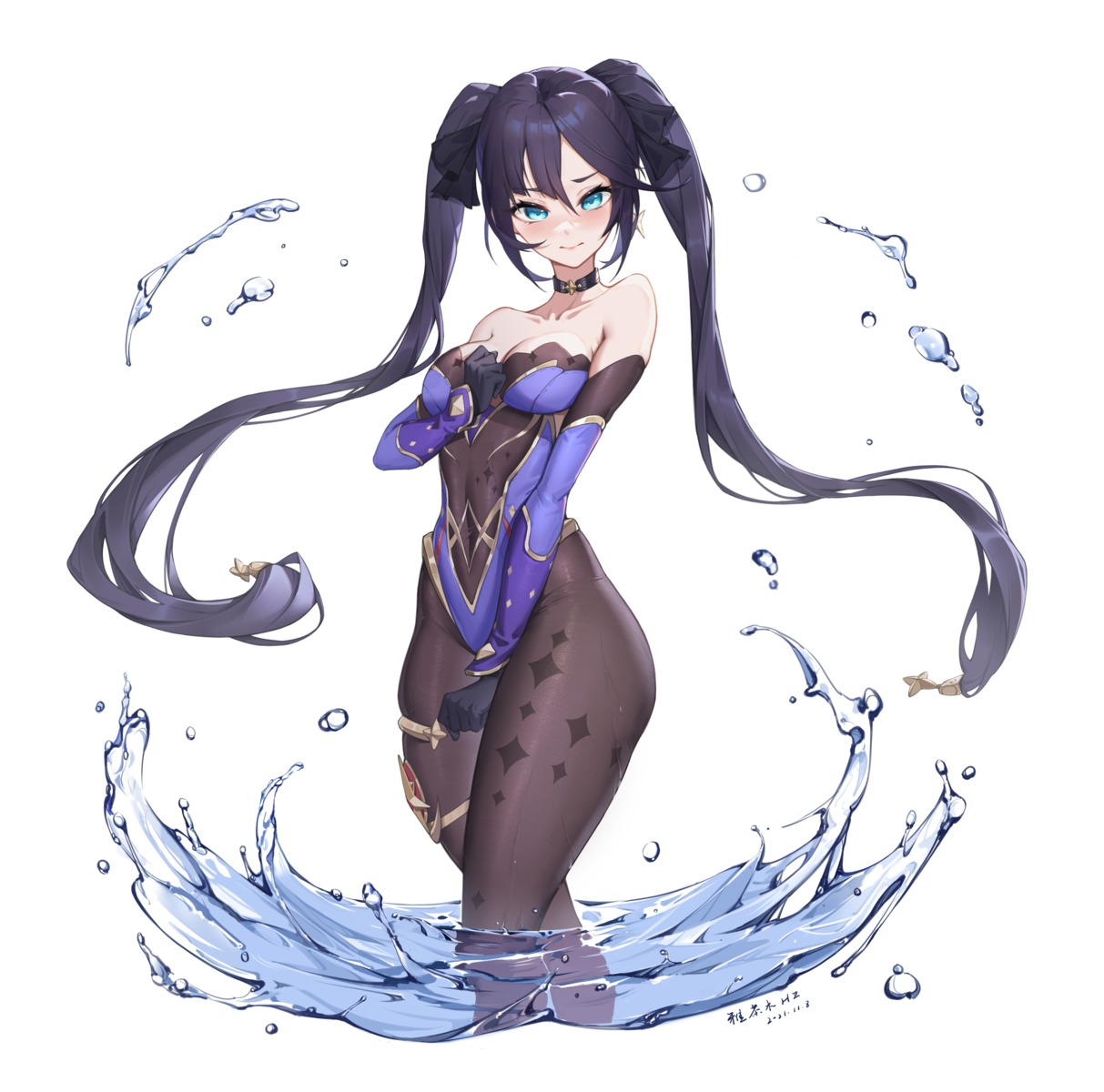 chamuhz cleavage garter genshin_impact leotard mona_megistus no_bra pantyhose wet