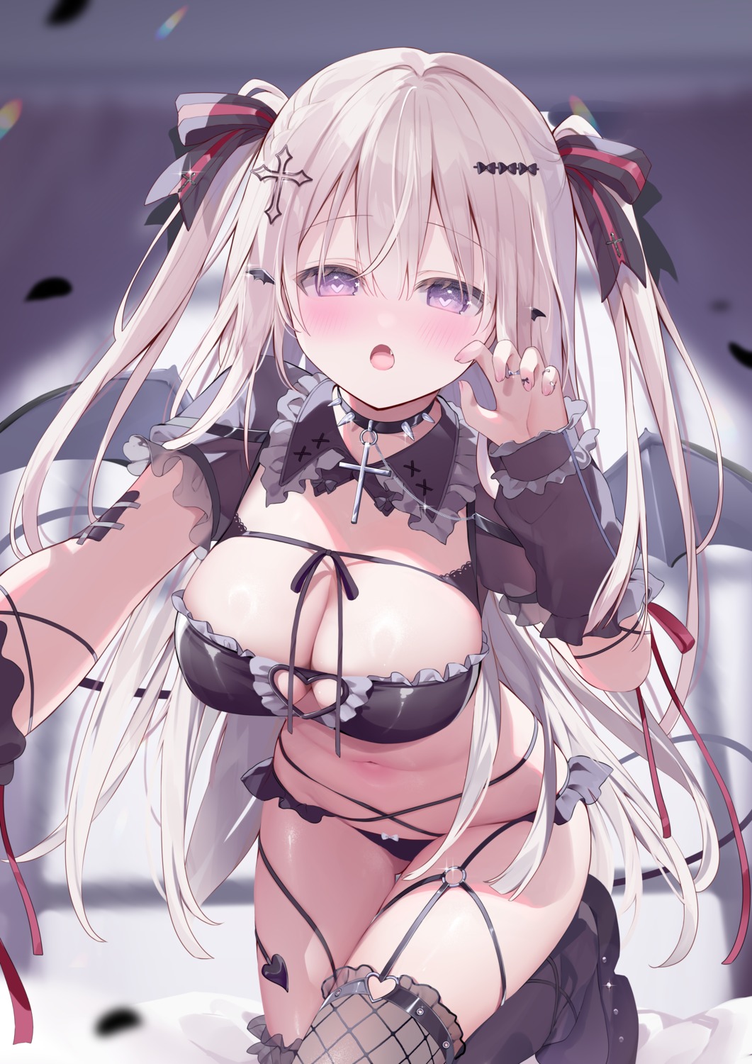 ameno_usari bra devil fishnets garter pantsu see_through stockings tail thighhighs wings