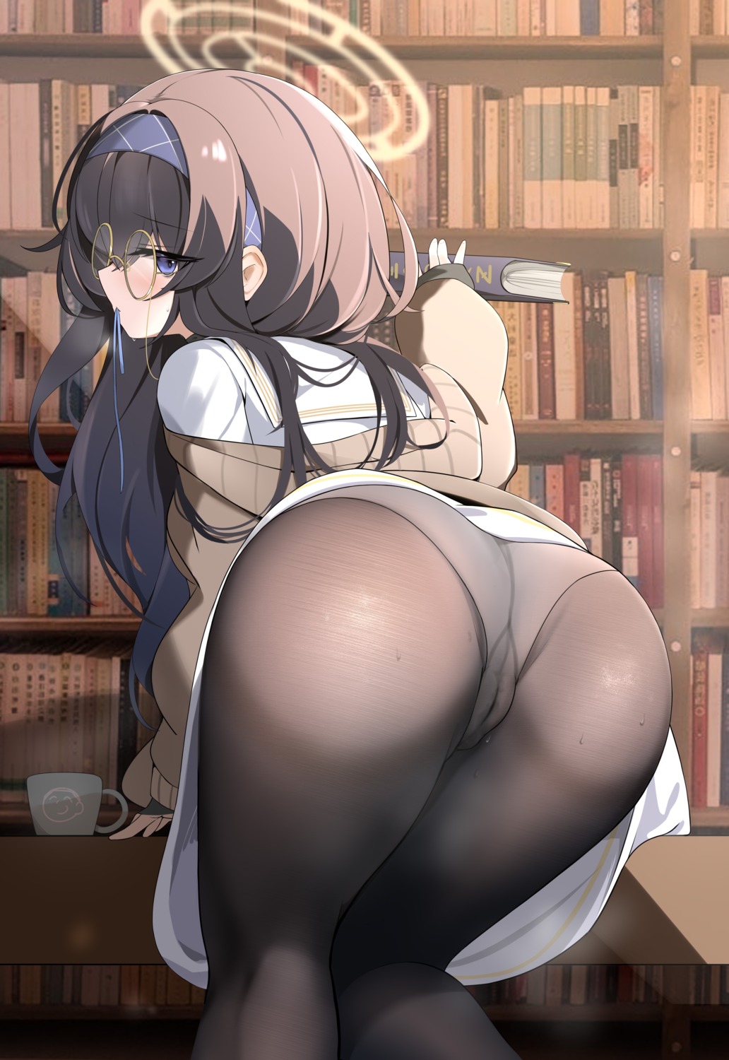 ass blue_archive cameltoe fengqun halo kozeki_ui loli megane pantsu pantyhose pussy_juice seifuku skirt_lift sweater thong