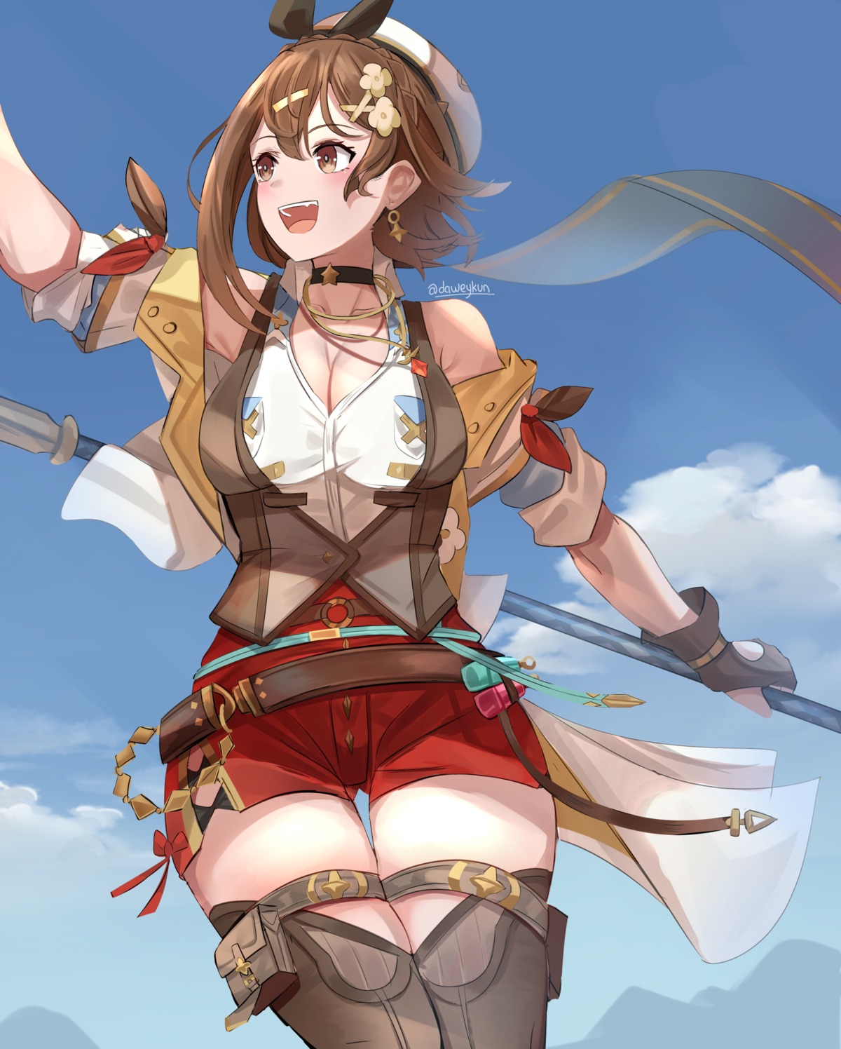 atelier atelier_ryza atelier_ryza_3 cleavage daweykun garter open_shirt reisalin_stout thighhighs weapon