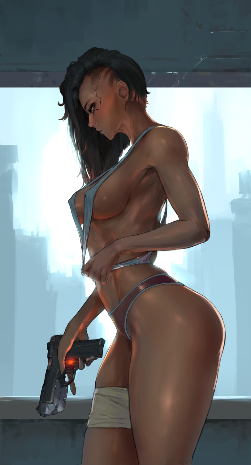 bandages cutesexyrobutts cyberpunk_2077 erect_nipples gun mecha_musume no_bra pantsu