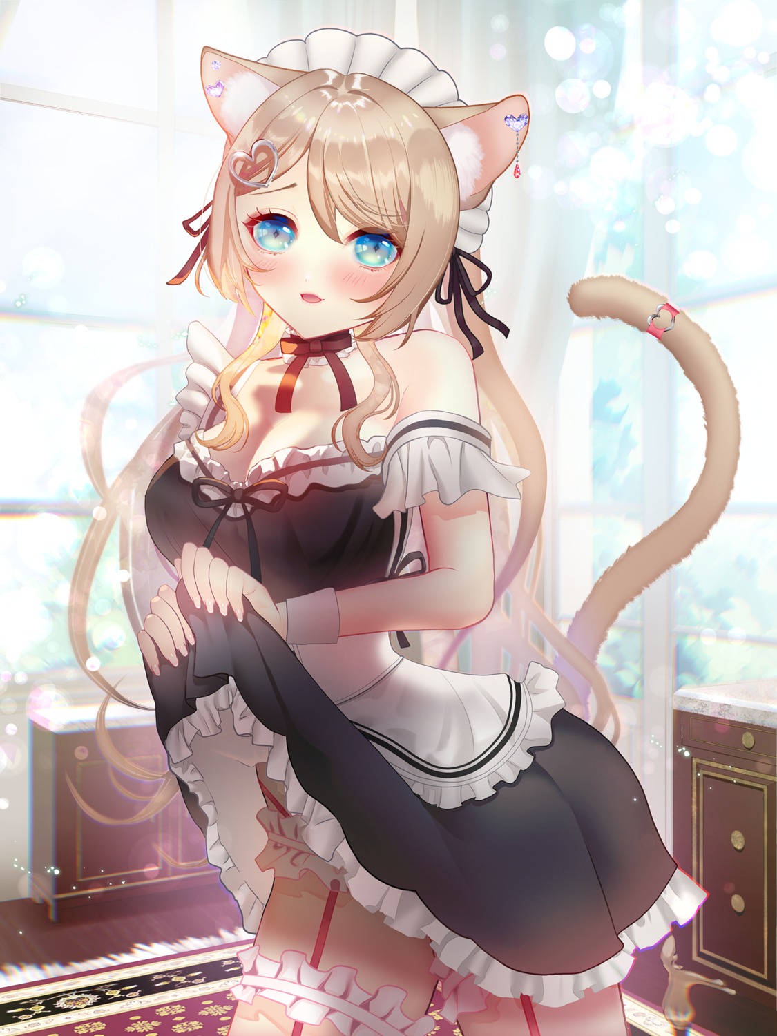 animal_ears cleavage garter maid no_bra pantsu skirt_lift tagme tail