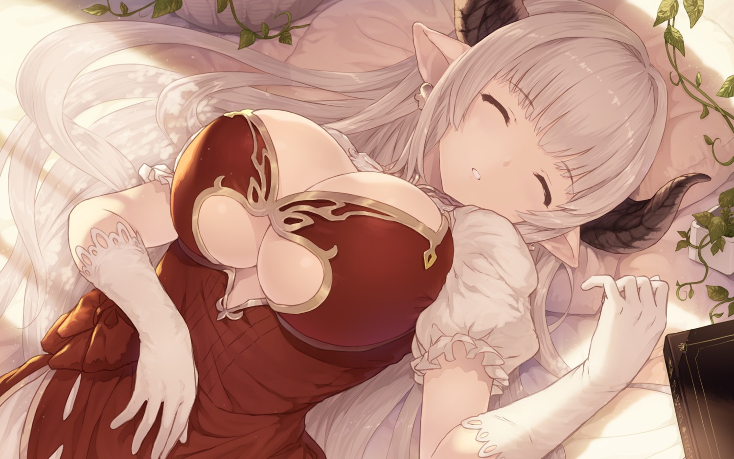 alicia_(granblue_fantasy) cait cleavage dress granblue_fantasy horns pointy_ears underboob wallpaper