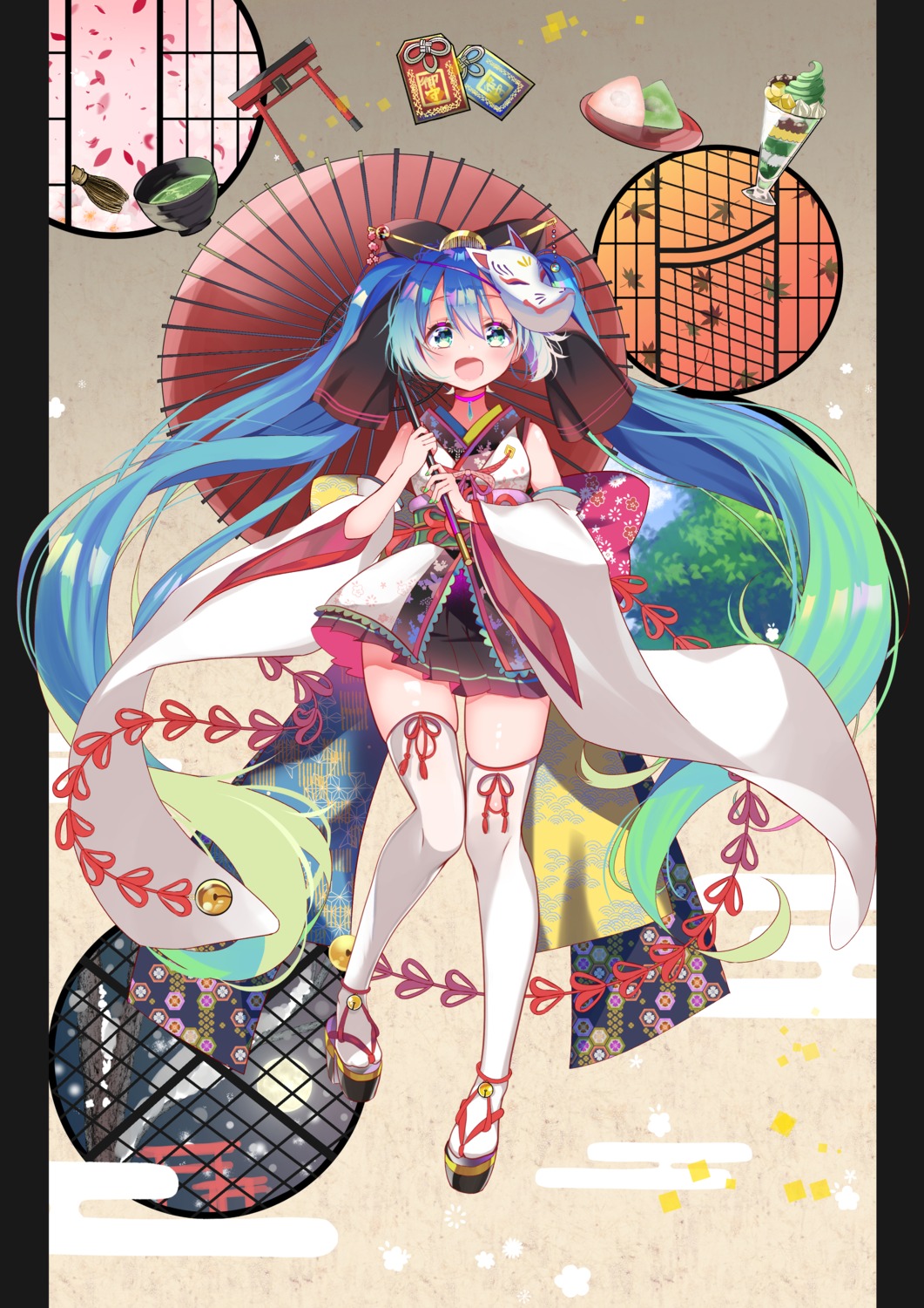 hatsune_miku japanese_clothes piyopoyo thighhighs umbrella vocaloid