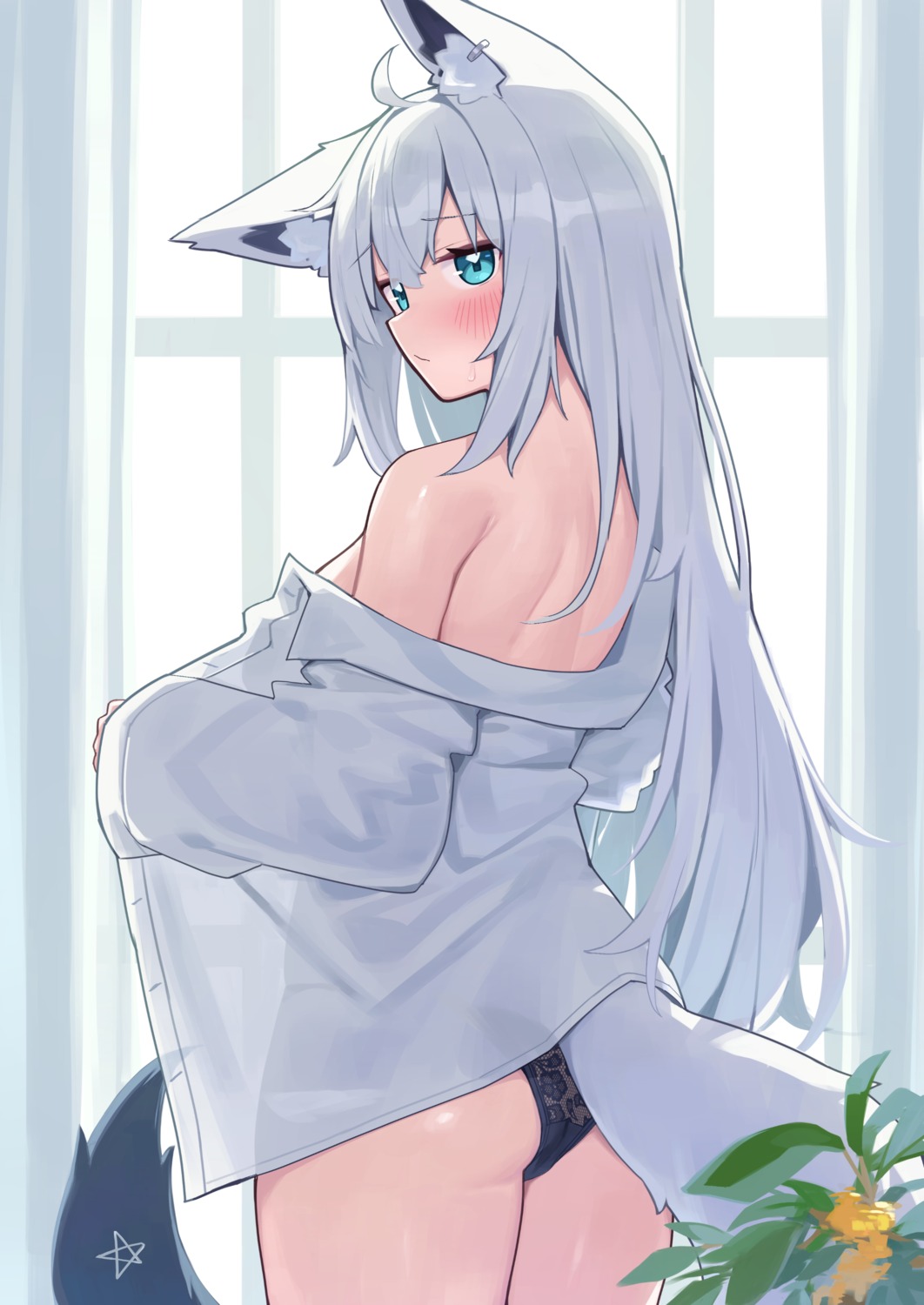 animal_ears ass deaver dress_shirt hololive hololive_gamers kitsune open_shirt pantsu see_through shirakami_fubuki tail thong