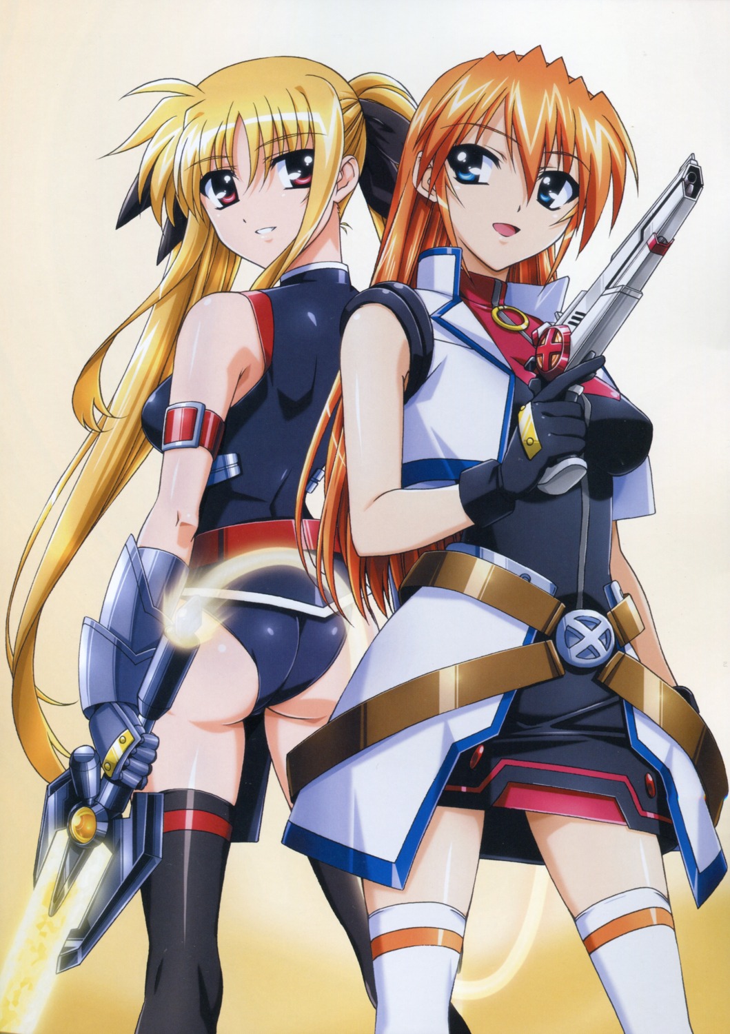 ass dress fate_testarossa gun leotard mahou_shoujo_lyrical_nanoha mahou_shoujo_lyrical_nanoha_strikers okuda_yasuhiro screening sword teana_lanster thighhighs