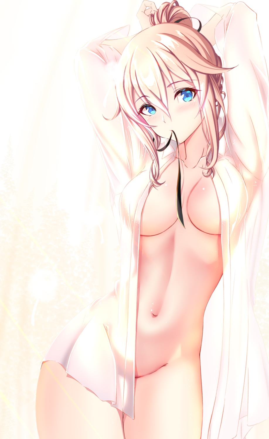 asahiru_ban bottomless dress_shirt genshin_impact jean_(genshin_impact) no_bra open_shirt see_through