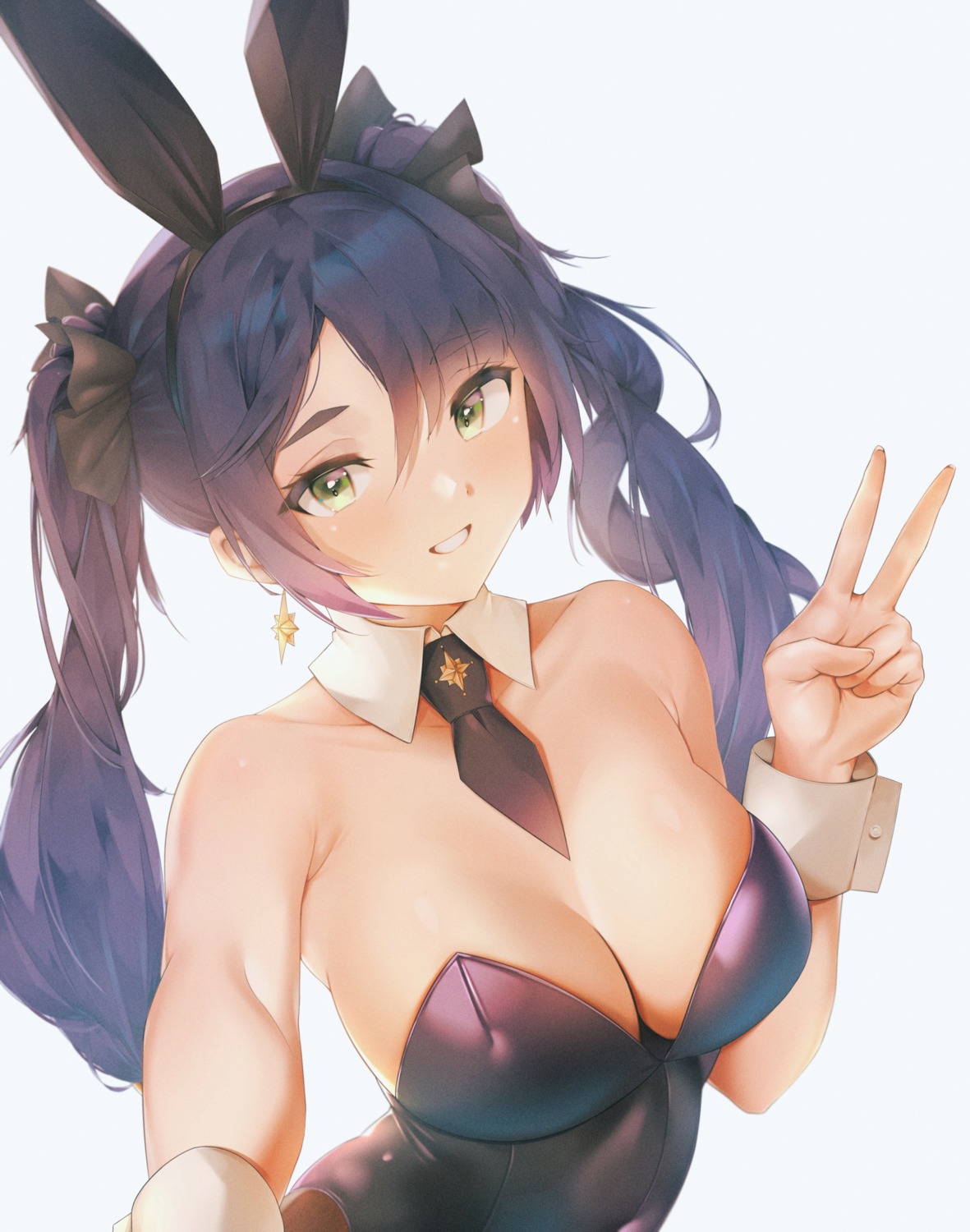 animal_ears bunny_ears bunny_girl cleavage genshin_impact grayfox mona_megistus no_bra pantyhose