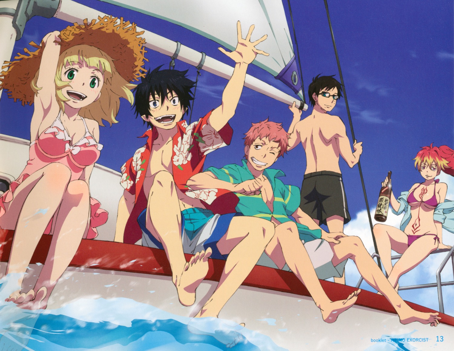 ao_no_exorcist bikini kirigakure_shura megane moriyama_shiemi okumura_rin okumura_yukio open_shirt pointy_ears screening shima_renzou swimsuits tattoo yonezawa_masaru