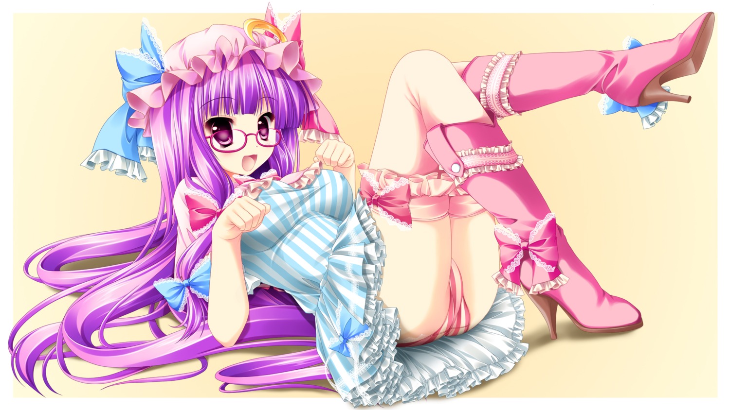 erect_nipples kamiya_tomoe megane pantsu patchouli_knowledge shimapan thighhighs touhou wallpaper