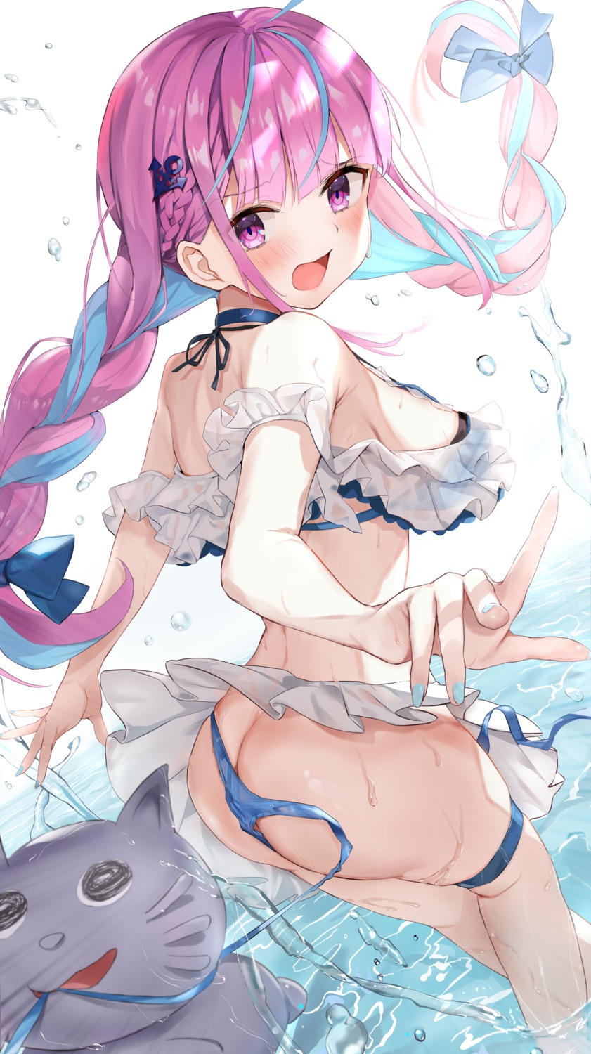 ass bikini garter hololive minato_aqua mugiusagi neko panty_pull see_through skirt_lift swimsuits thong undressing wardrobe_malfunction wet wet_clothes