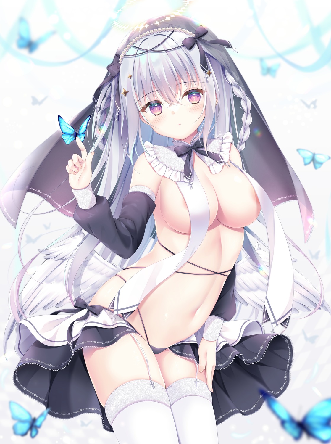 areola no_bra nun pantsu skirt_lift stockings thighhighs thong wings yukimura_usagi