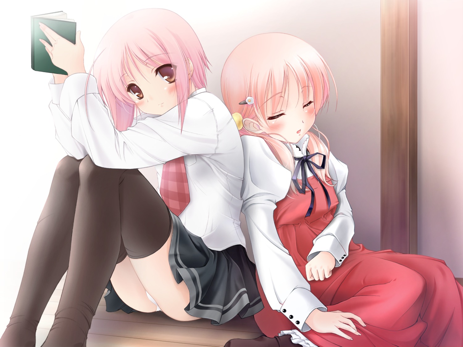 akino_momiji cuffs kiriyama_sakura komori_kei pantsu sakura_musubi thighhighs wallpaper