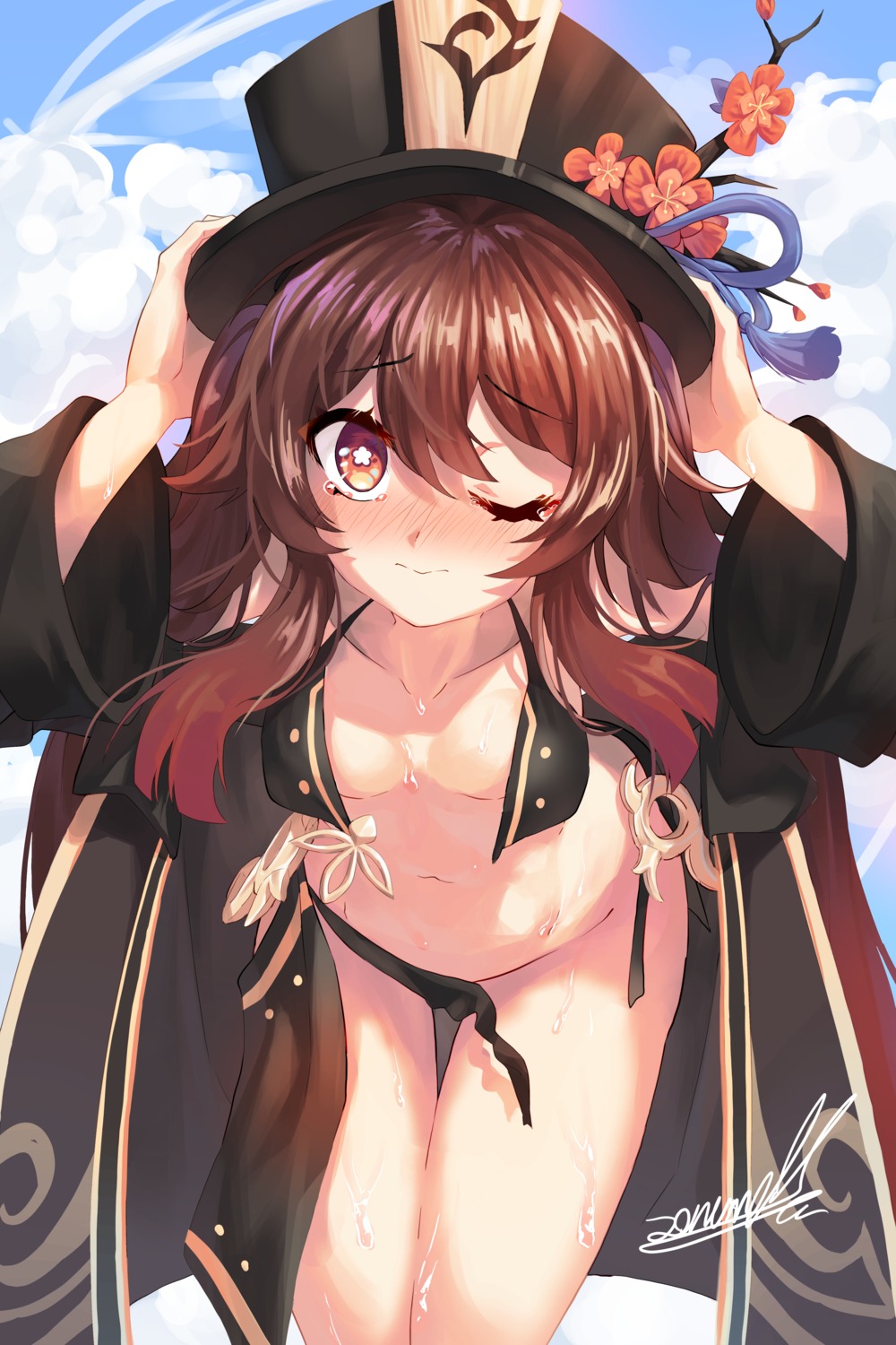 asian_clothes bikini genshin_impact hu_tao open_shirt panty_pull swimsuits wardrobe_malfunction wet zonunoll