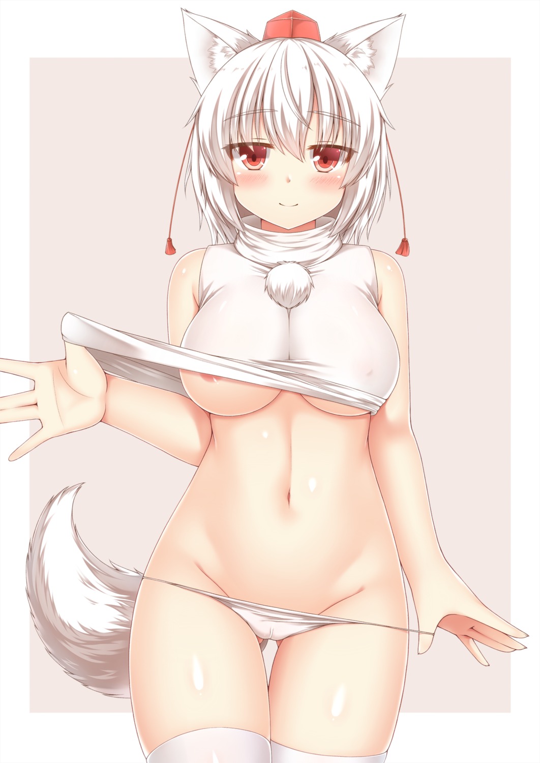 animal_ears areola cameltoe inubashiri_momiji no_bra pantsu panty_pull shirt_lift tail thighhighs touhou undressing yuu_(yu0221f)