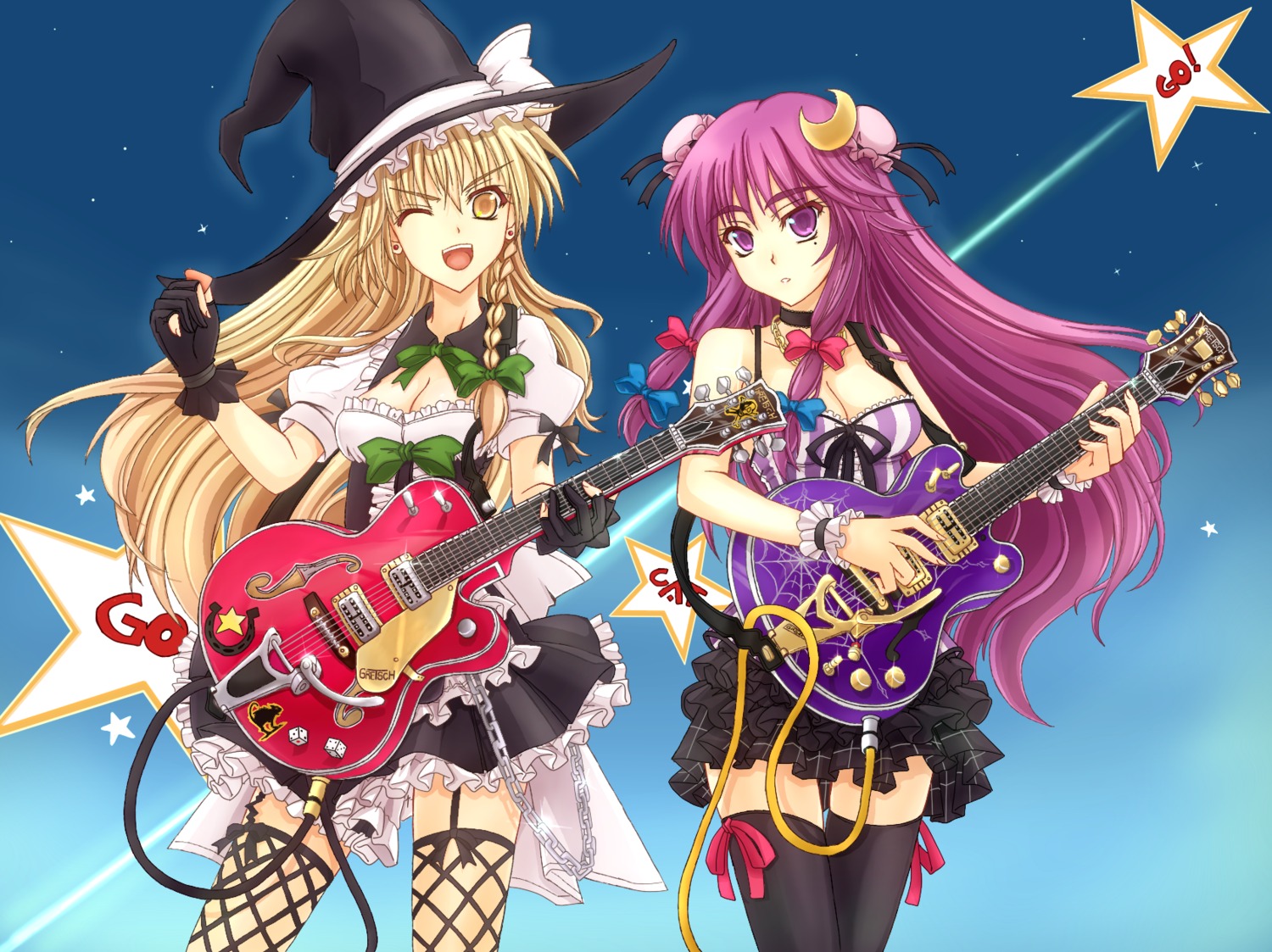 cleavage fishnets guitar kirisame_marisa mickey_dunn patchouli_knowledge stockings thighhighs touhou witch