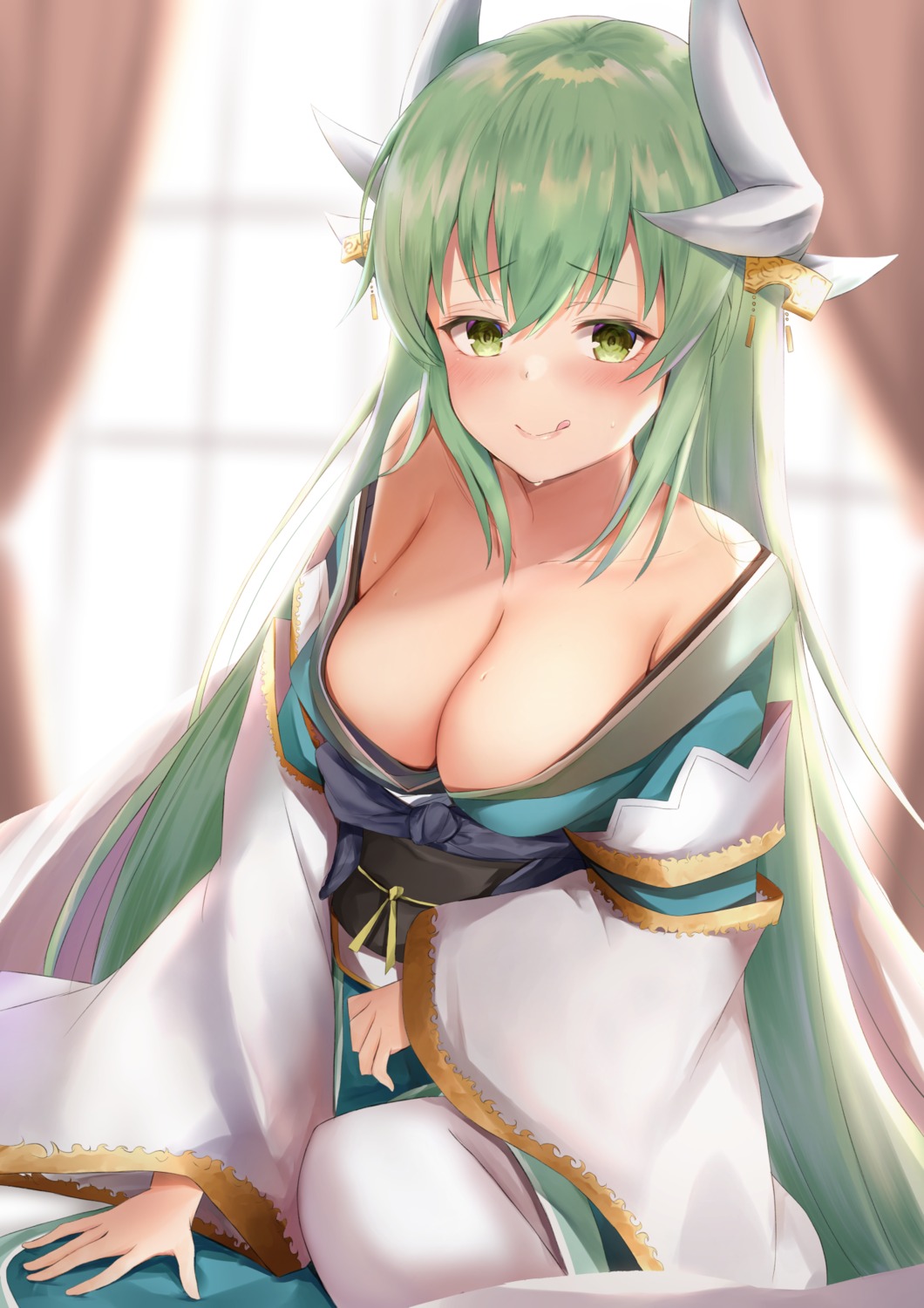 cleavage fate/grand_order horns japanese_clothes kiyohime_(fate/grand_order) maosame open_shirt