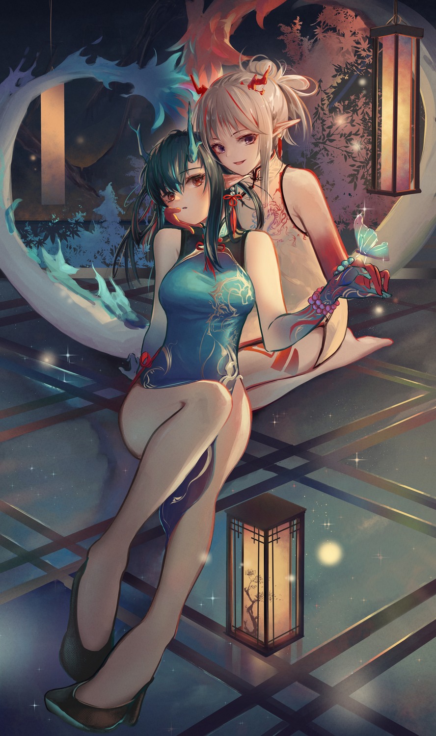 arknights beancake chinadress dusk_(arknights) heels horns nian_(arknights) pointy_ears tail tattoo