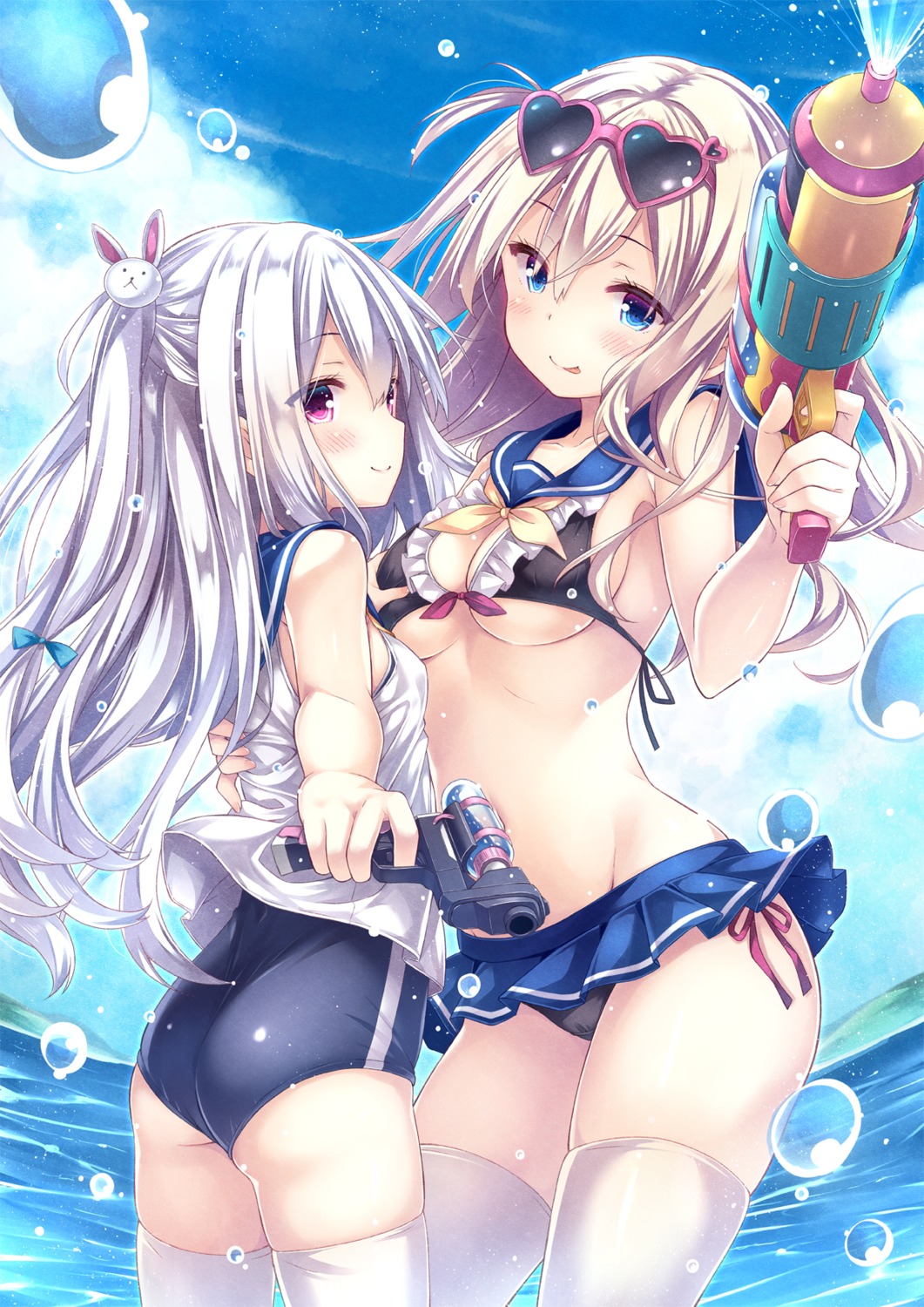 ass bikini gun megane ryo_(botsugo) seifuku skirt_lift swimsuits thighhighs