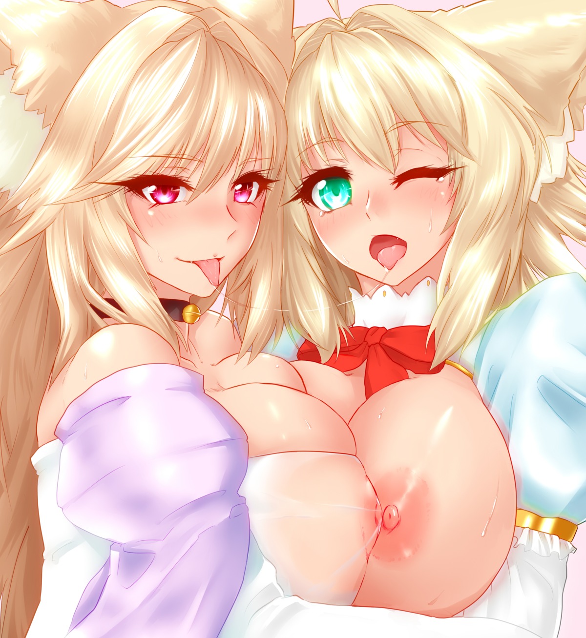 animal_ears breasts minarai_tenna narulala nipples no_bra open_shirt symmetrical_docking yuri