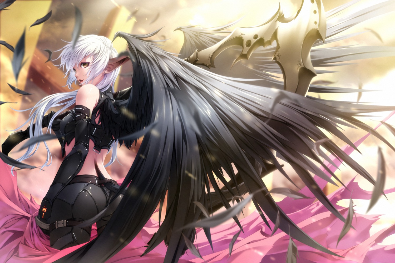 ass pointy_ears rezi tail wallpaper weapon wings