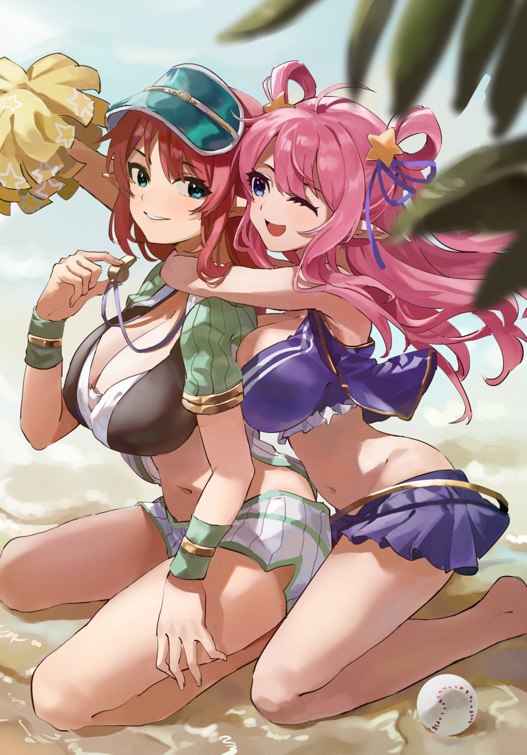 aikawa_misato baseball bikini_top cheerleader cleavage feipin_zhanshi kashiwazaki_hatsune open_shirt pointy_ears princess_connect princess_connect!_re:dive swimsuits