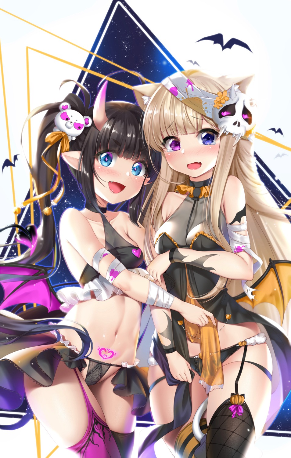 animal_ears bandages breast_hold devil fishnets halloween heterochromia horns jinn_kuma lingerie nekomimi pantsu pointy_ears skirt_lift stockings tail tattoo thighhighs wings yuri