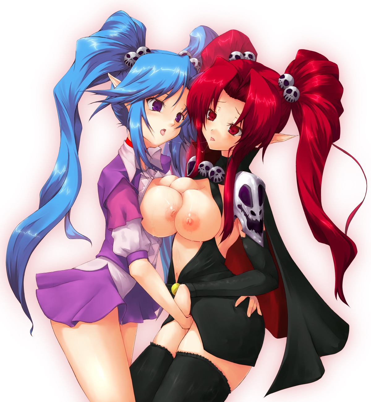 breasts elf fingering kuku-px nipples open_shirt pointy_ears symmetrical_docking thighhighs yuri