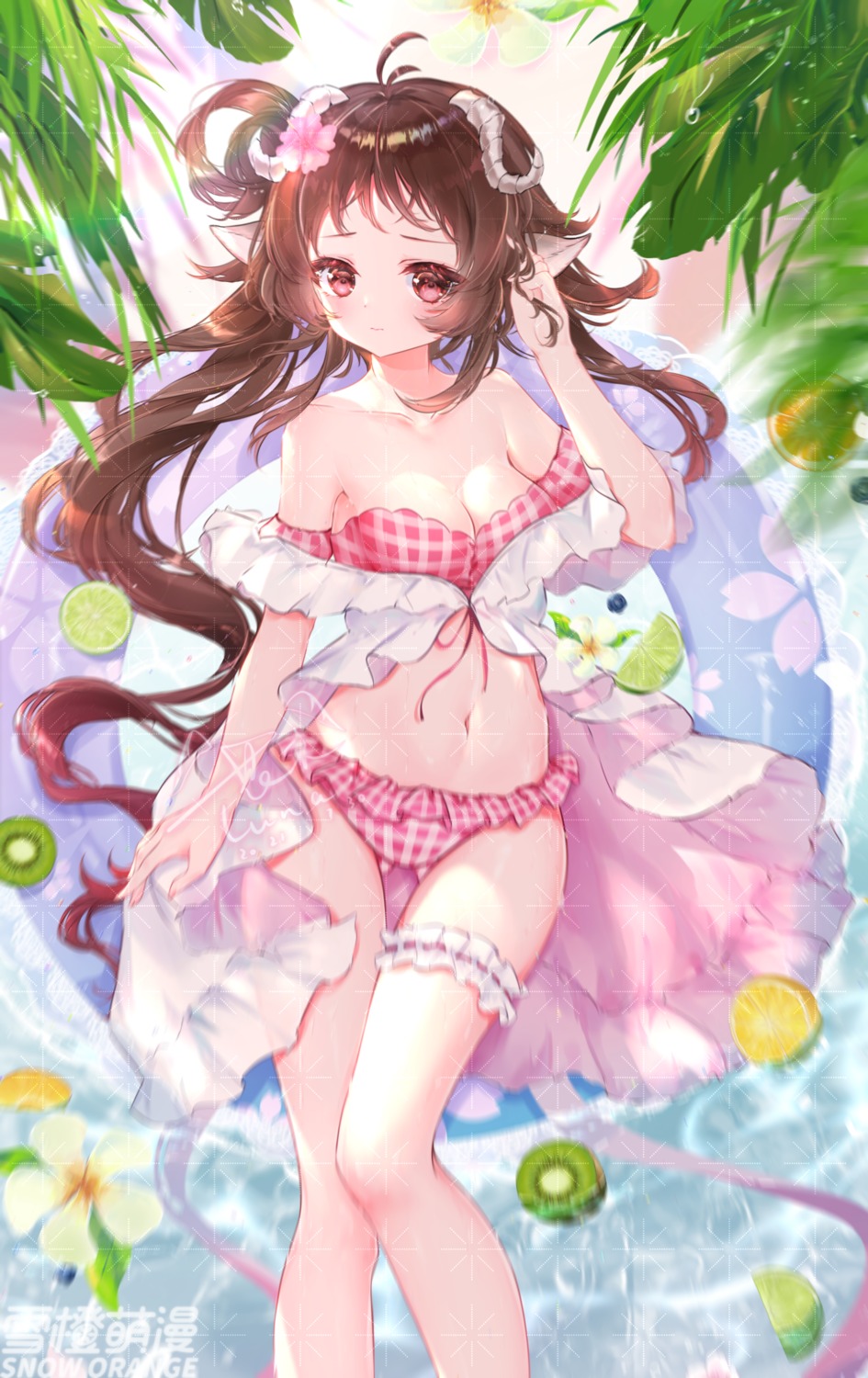 animal_ears arknights bikini eyjafjalla_(arknights) garter hanajiang horns open_shirt see_through swimsuits watermark