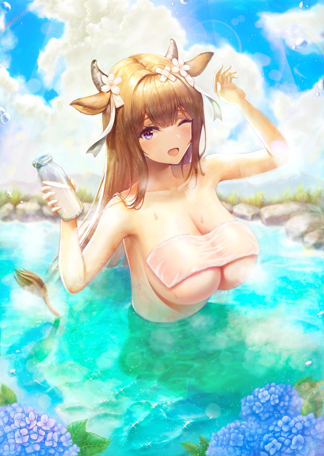 animal_ears azur_lane bathing horns kashino_(azur_lane) naked nana_(nana17112018) tail towel wet