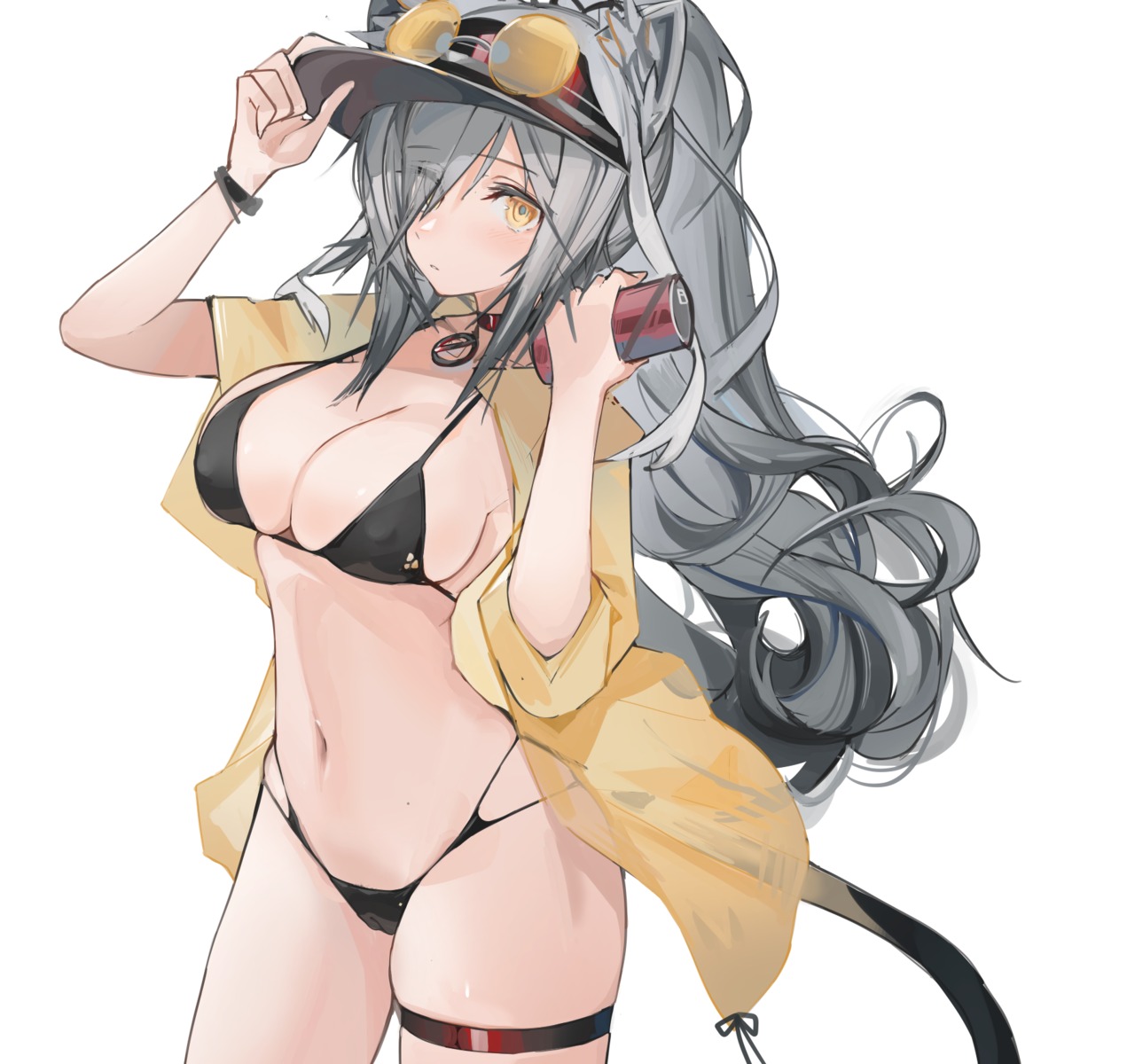 animal_ears arknights bikini cameltoe erect_nipples garter megane mikojin open_shirt schwarz_(arknights) see_through swimsuits tail