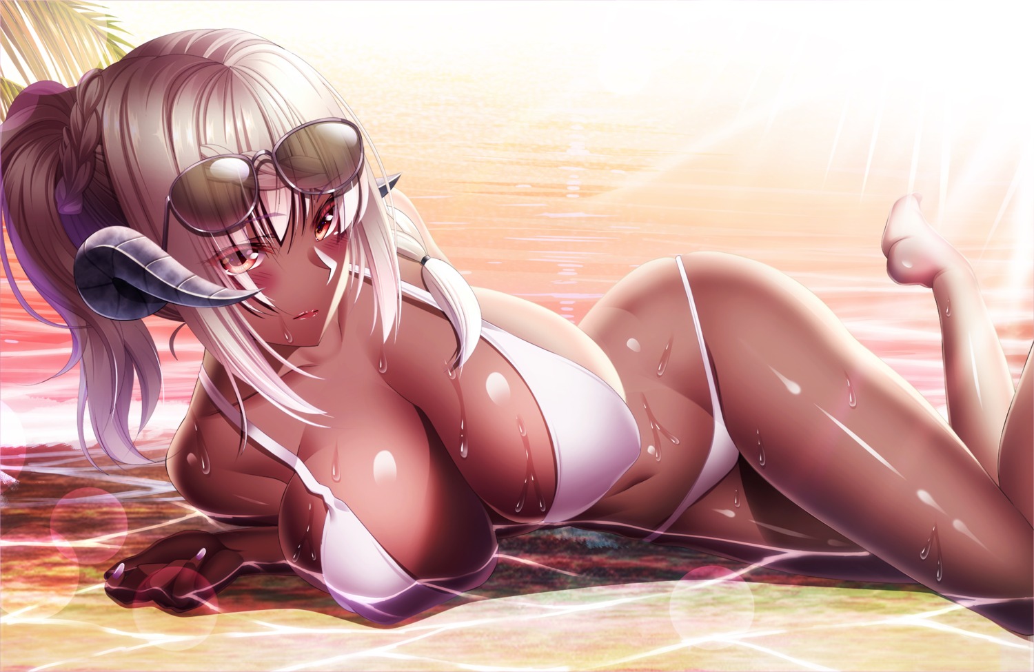 aura bikini erect_nipples final_fantasy final_fantasy_xiv horns megane swimsuits wet yuuzuki_hijiri