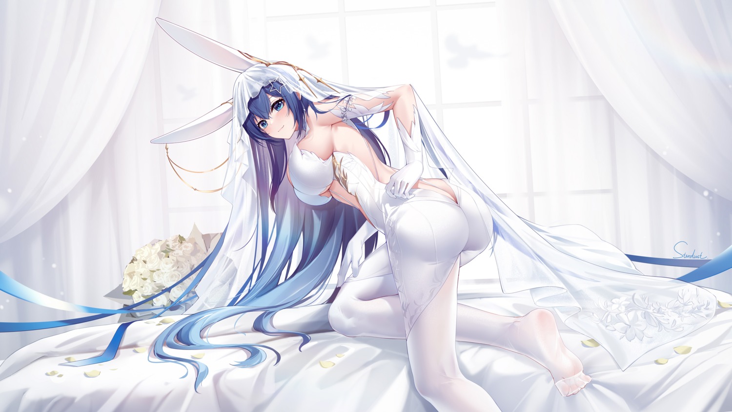 animal_ears ass azur_lane bunny_ears dress feet new_jersey_(azur_lane) no_bra nopan pantyhose see_through stardust_(chen'ai_weiding) wedding_dress