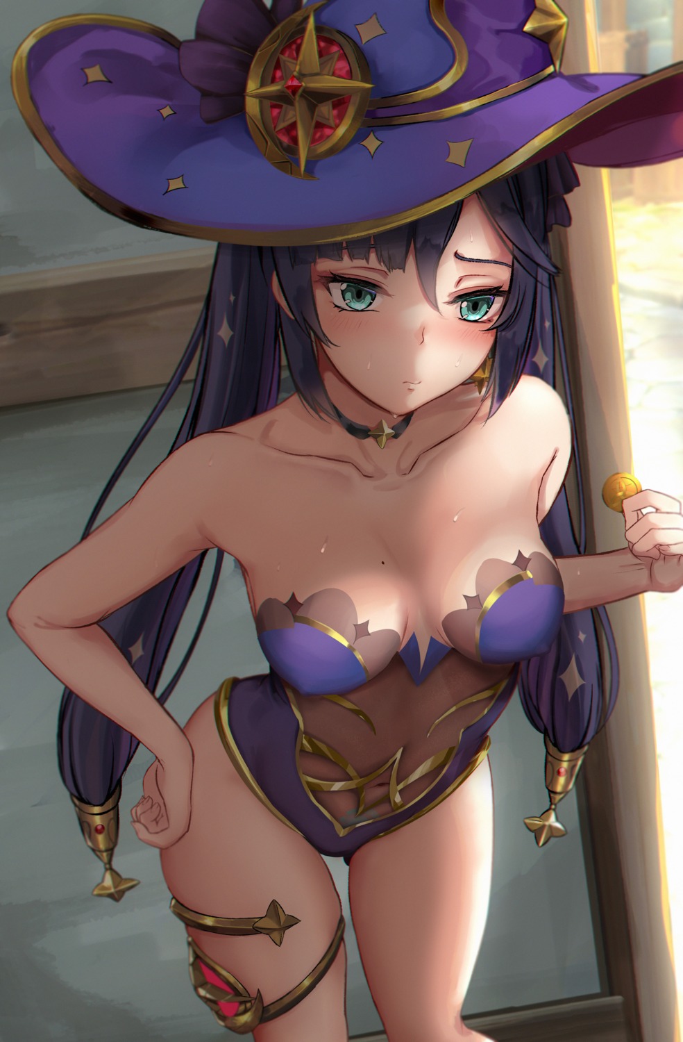 garter genshin_impact housou-chan leotard mona_megistus no_bra see_through tattoo witch