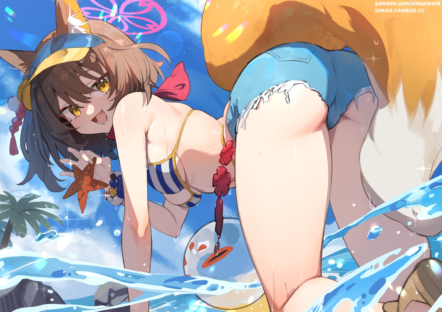 animal_ears ass bikini blue_archive halo kitsune kuda_izuna simao_(x_x36131422) swimsuits tail torn_clothes wet