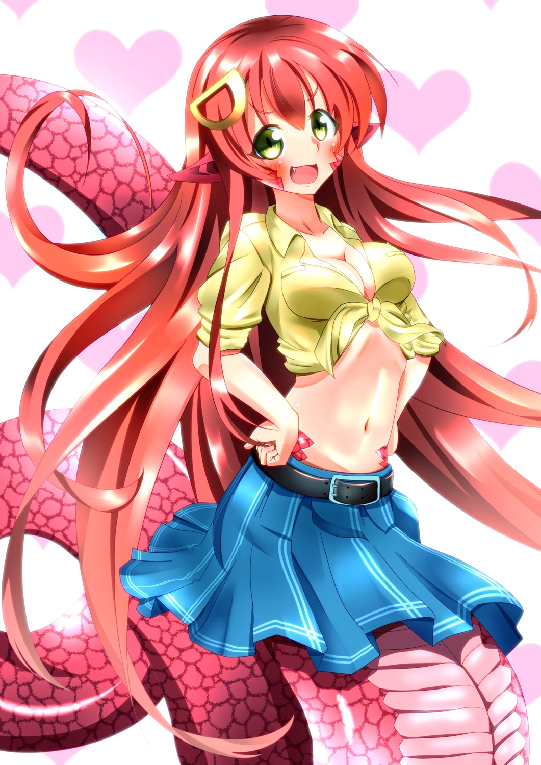 cleavage dress_shirt miia_(monster_musume) monster_girl monster_musume_no_iru_nichijou no_bra open_shirt penguin_maru_(nizitama) pointy_ears shirt_lift tail