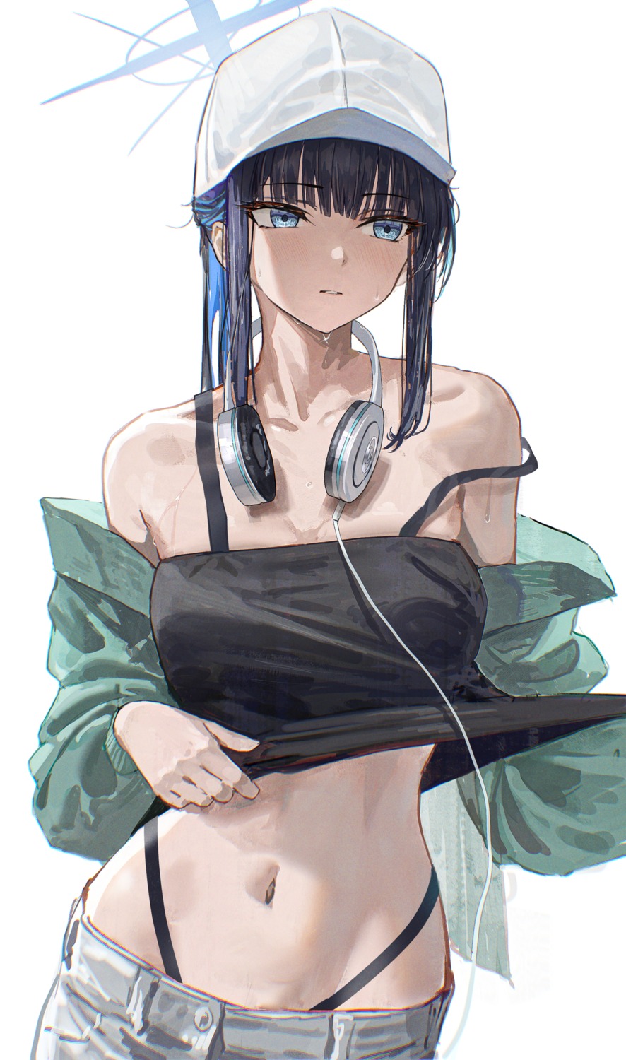 blue_archive halo headphones hidulume joumae_saori no_bra pantsu shirt_lift undressing wet