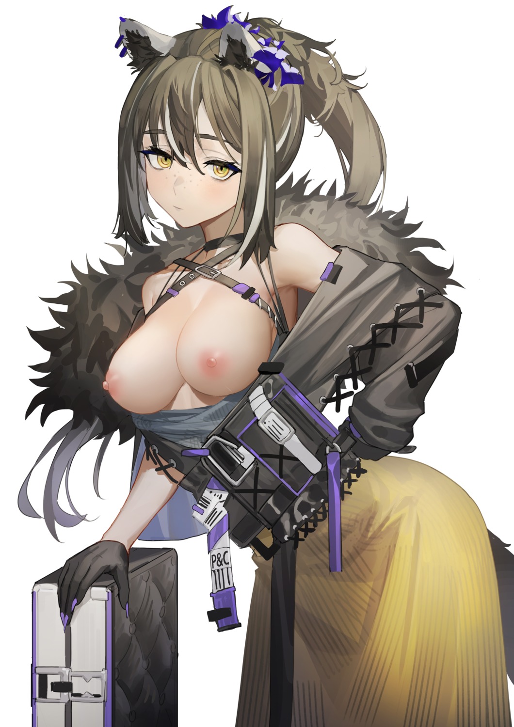 animal_ears arknights breasts nipples no_bra open_shirt robin_(arknights) senba_(592683801)