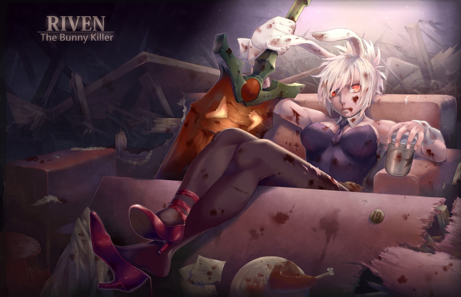 animal_ears blood bunny_ears bunny_girl cleavage heels kair030 league_of_legends pantyhose riven_(league_of_legends) sword torn_clothes