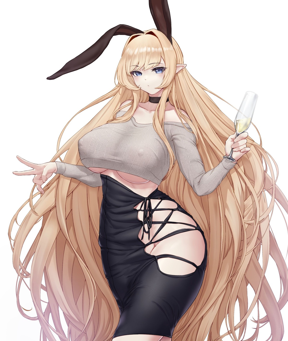 animal_ears bunny_ears erect_nipples no_bra nopan pointy_ears rabii sweater tagme underboob