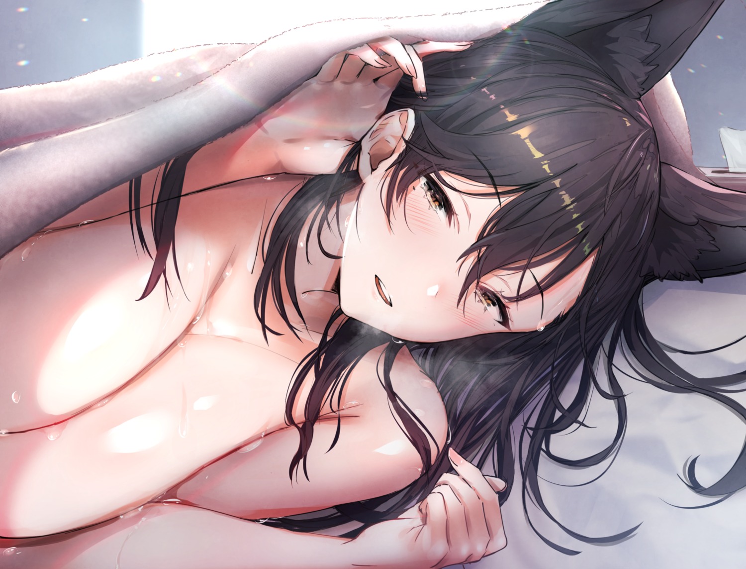 animal_ears atago_(azur_lane) azur_lane breast_hold mappaninatta sheets topless wet