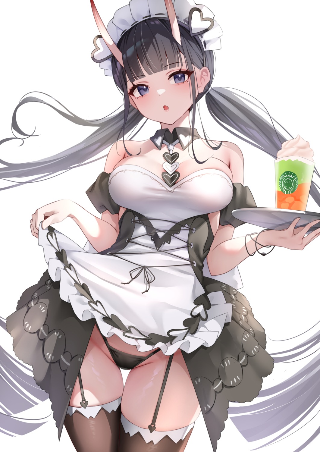 azur_lane classic_(zildjian33) horns maid no_bra noshiro_(azur_lane) pantsu skirt_lift stockings thighhighs waitress