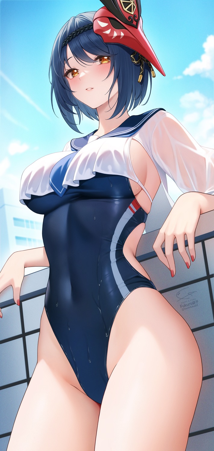 fukuro_ko_(greentea) genshin_impact kujou_sara see_through seifuku swimsuits wet_clothes