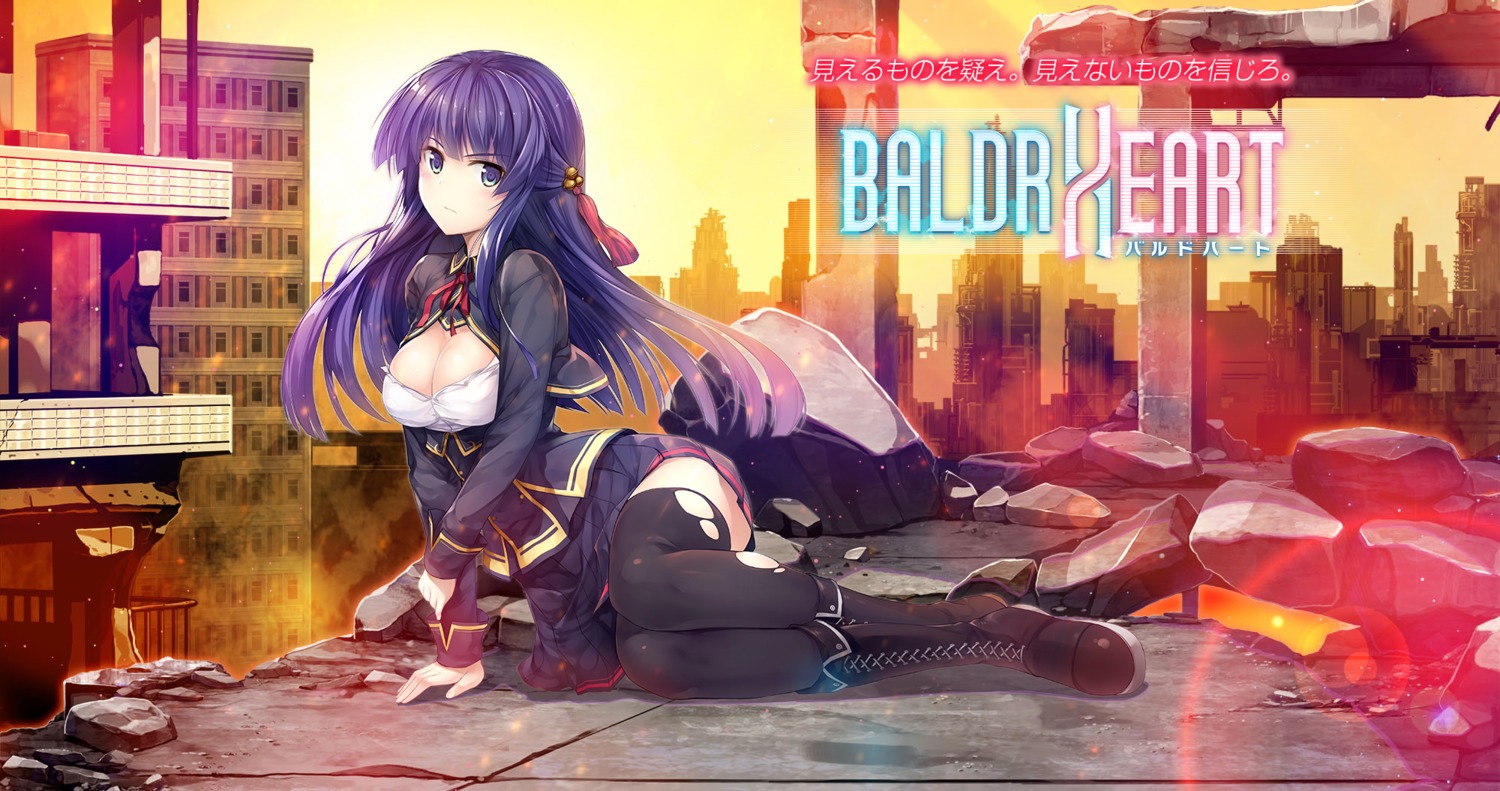 baldr_heart cleavage giga hinooka_shuuji open_shirt seifuku thighhighs torn_clothes tsukuyomi_(baldr_heart)