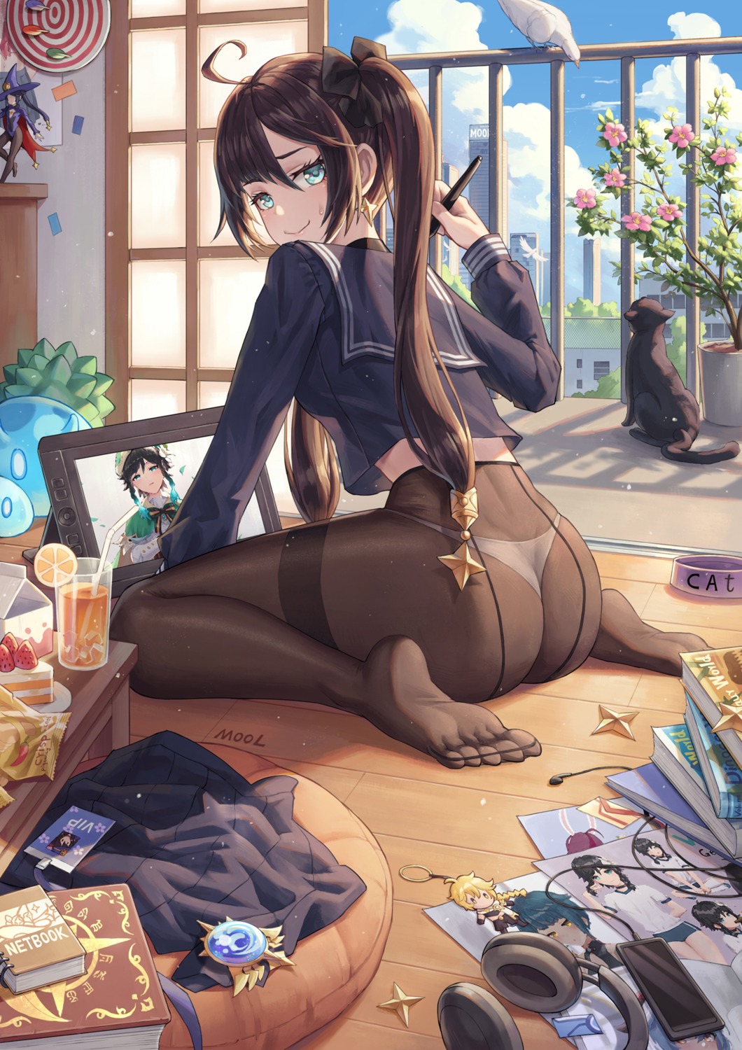 ass feet genshin_impact mona_megistus mool_yueguang neko pantsu pantyhose seifuku thong