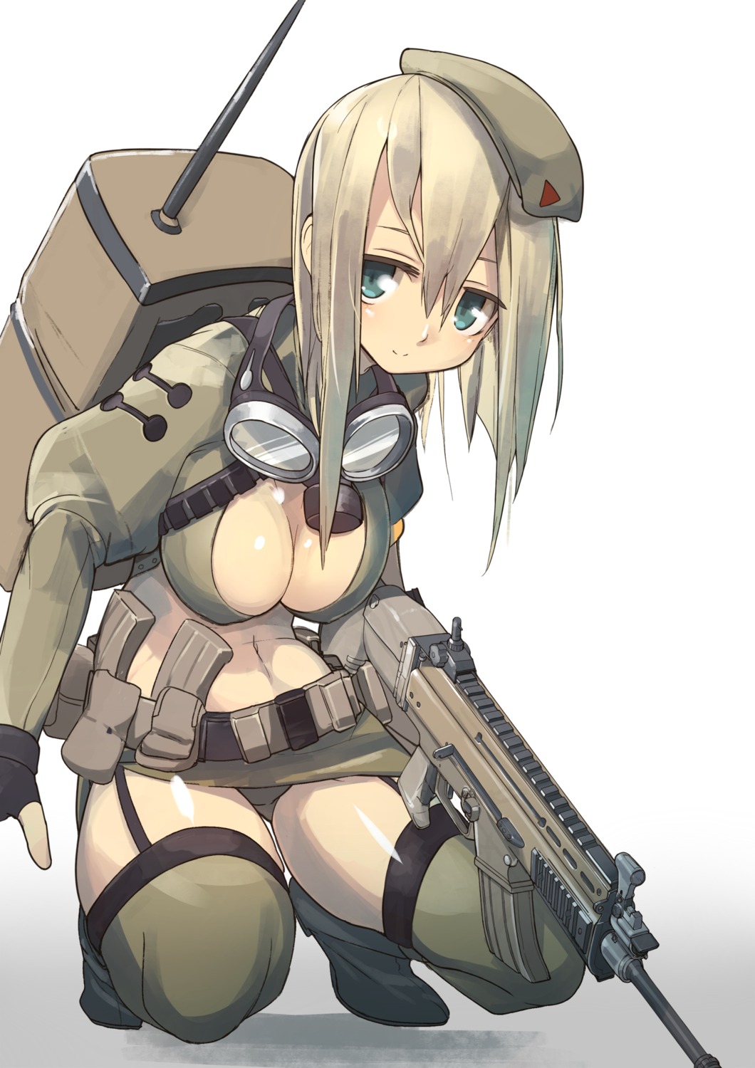 cleavage gun katsudansou open_shirt pantsu stockings thighhighs