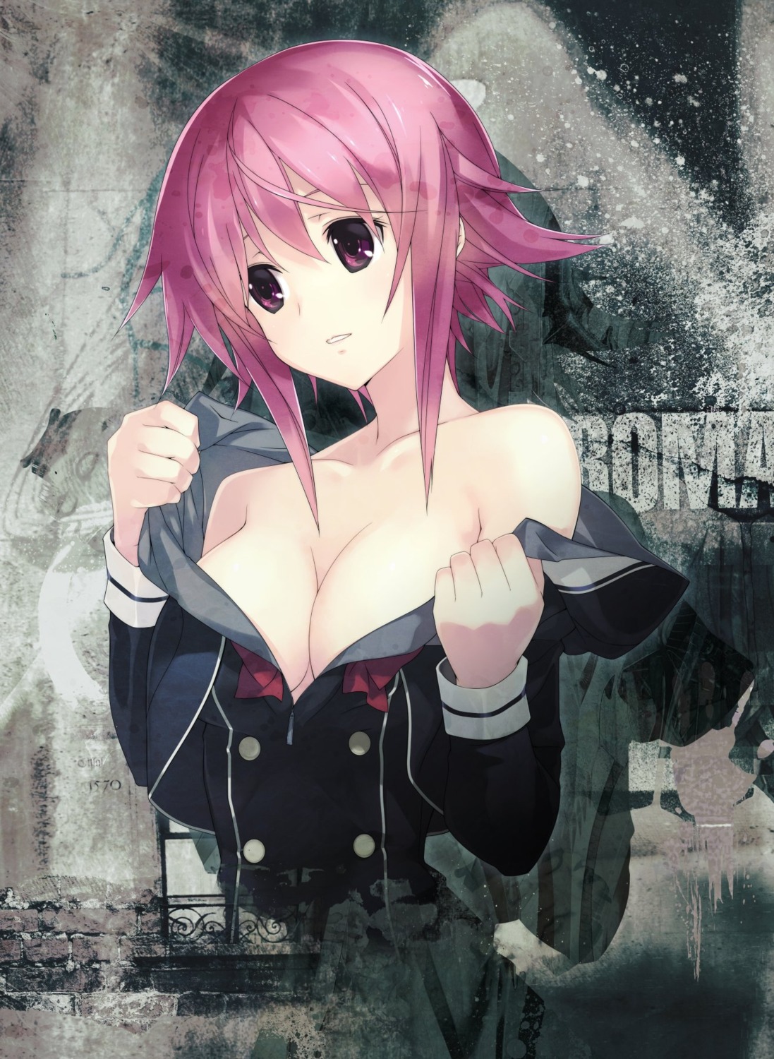 chaos;child cleavage disc_cover no_bra onoe_serika open_shirt sasaki_mutsumi seifuku undressing