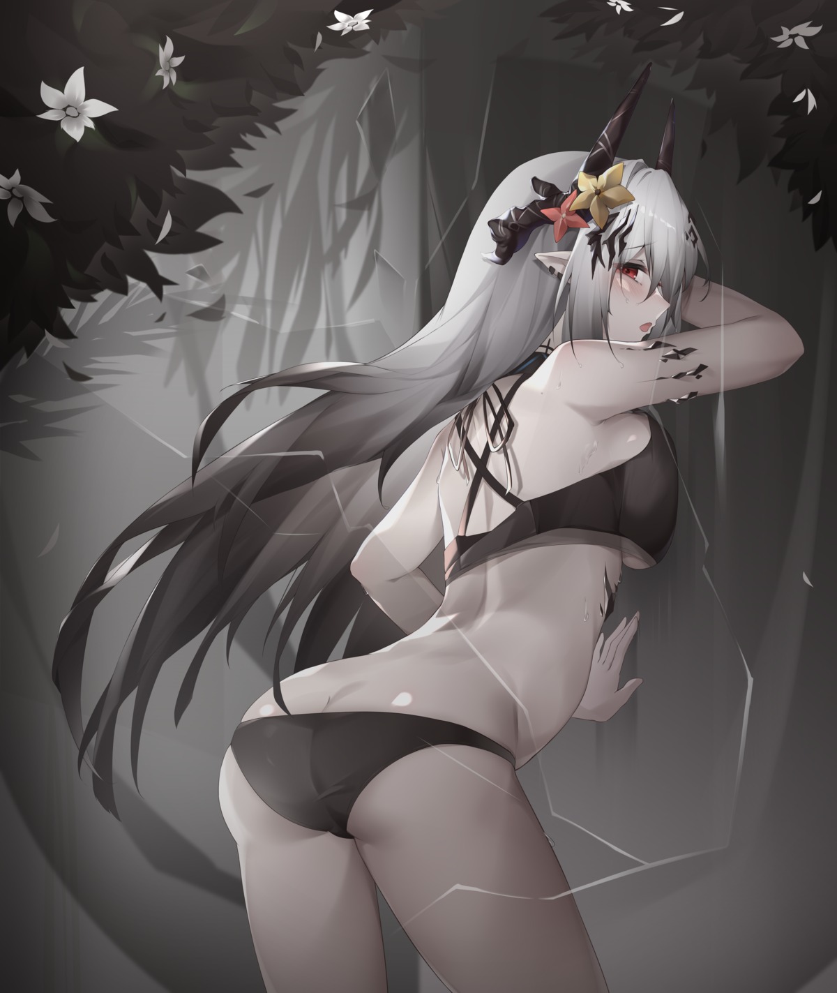 arknights ass bikini horns mudrock_(arknights) pointy_ears qinshi-ji swimsuits underboob