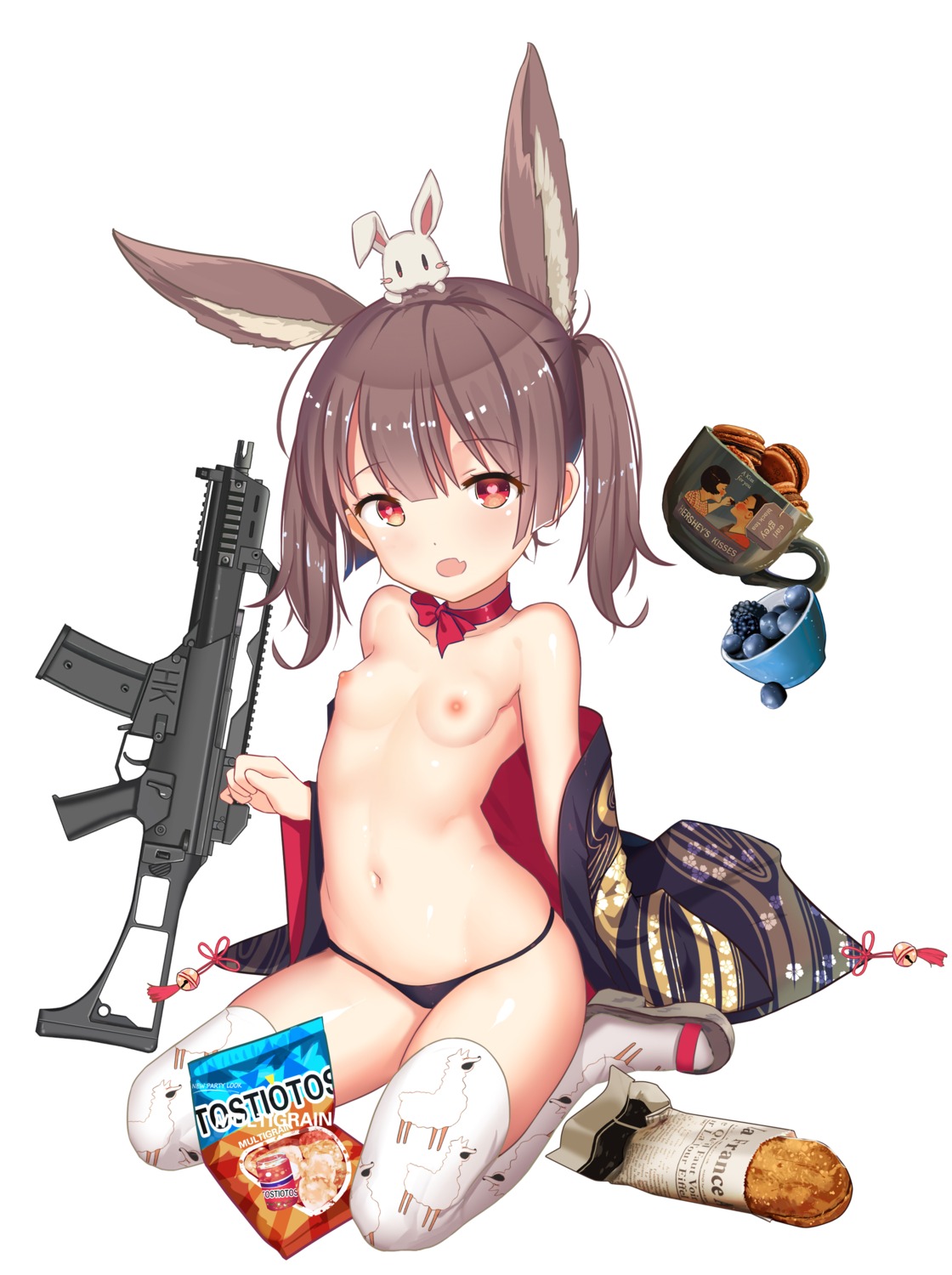 animal_ears bunny_ears gun hamachi_hazuki loli nipples no_bra open_shirt pantsu thighhighs