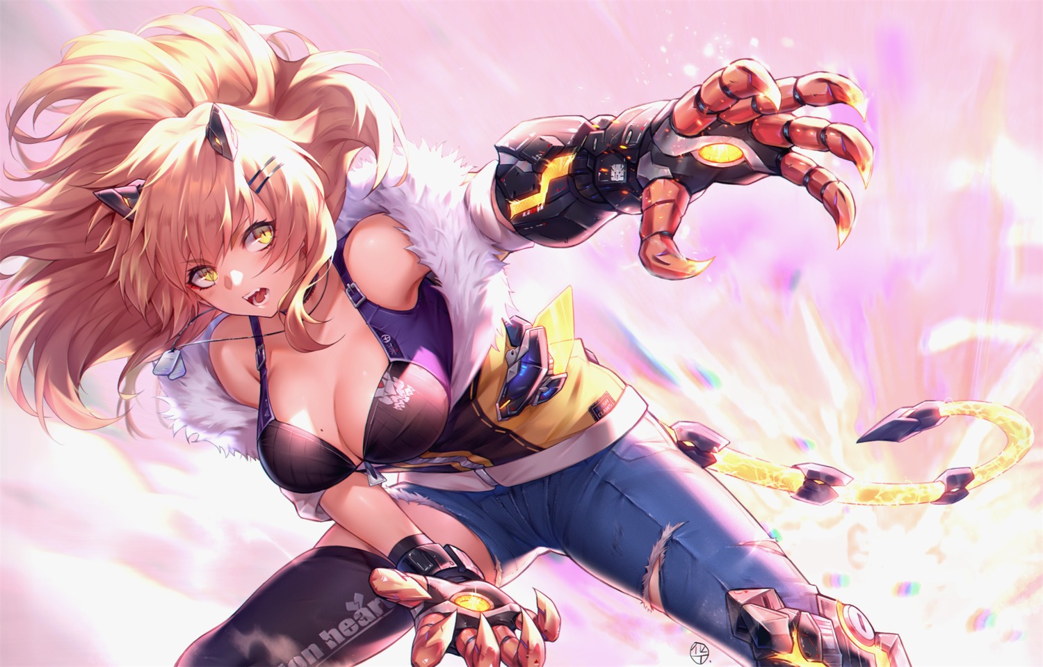 animal_ears armor bra cleavage hua-j open_shirt tail torn_clothes